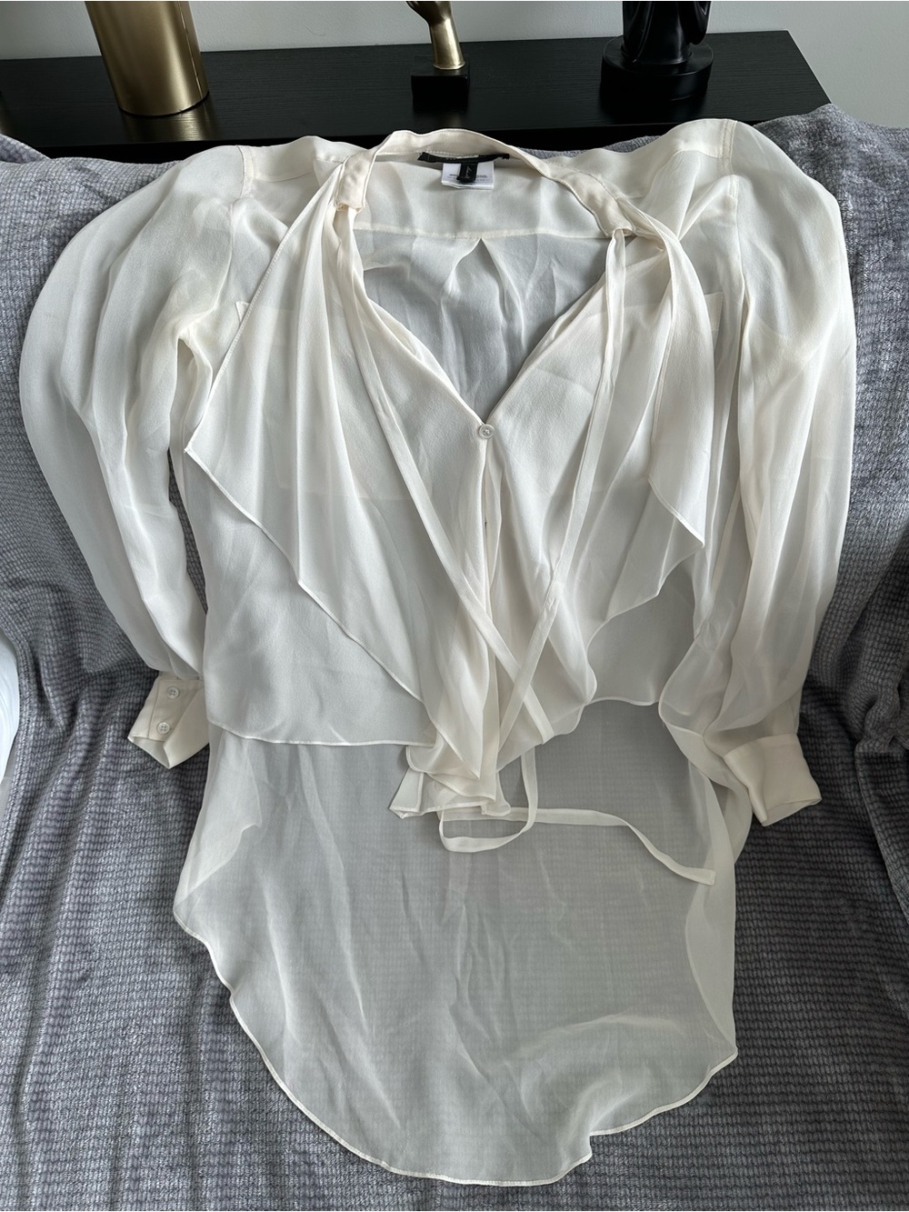 BCBGMaxAzria Ivory Sheer Ruffle Tie-Front Blouse